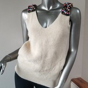 Cute  tan knitted vest with colourful beading on shoulder